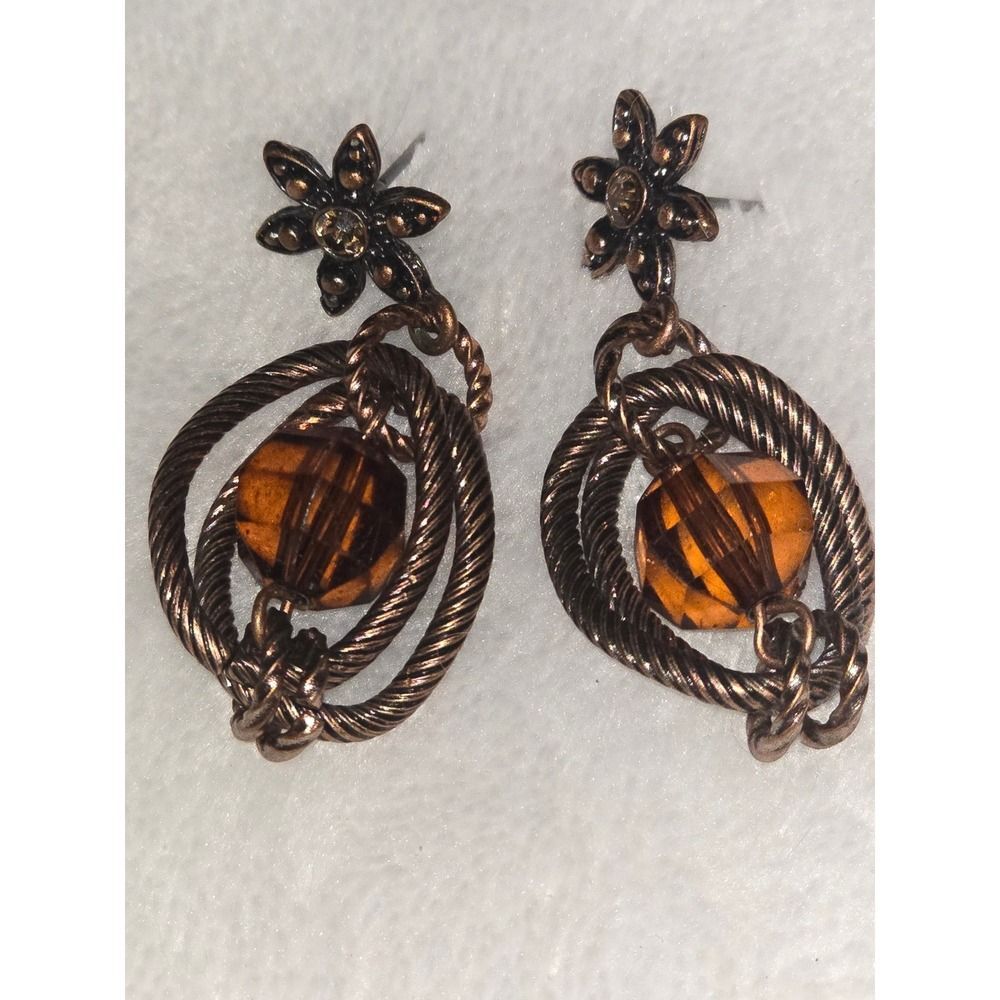 Dangle Drop Earrings Amber Bead Flower Accent Bronze Tone Boho Chic vintage
